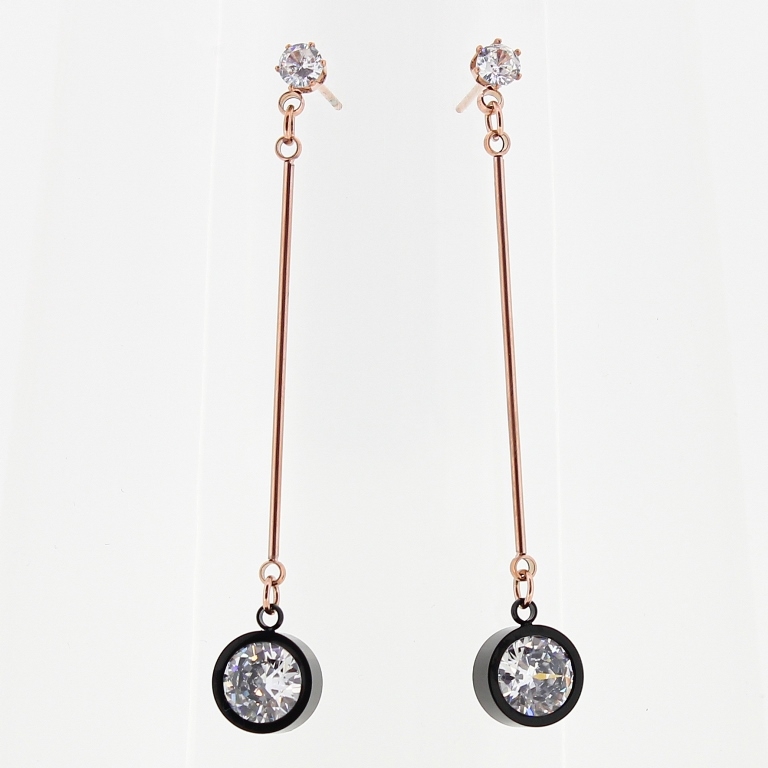 JEWELRY - EARRINGS - SCREW - STAINLESS STEEL AND ZIRCON - ROD 02 WITH CIRCLE - 1x6cm ROSE GOLD AND BLACK - PACKAGE 6 pairs