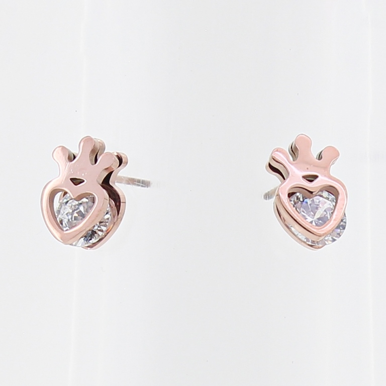 JEWELRY - EARRINGS - SCREW - STAINLESS STEEL AND ZIRCON - HEART WITH CROWN 01 - 0.8x1.2cm ROSE GOLD - 1 pair