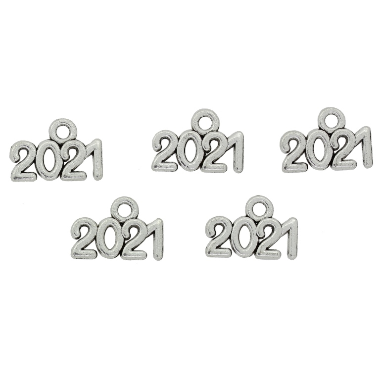 METAL BEADS - PENDANT - 2021 YEAR - 14x9x1mm NICKEL - PACKAGE 150pcs. Hole-1.9mm