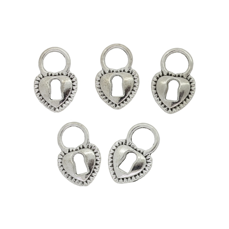 METAL BEADS - PENDANT - PADLOCK 04 HEART - 11x17x2mm NICKEL - 10pcs.  Hole-5.8mm