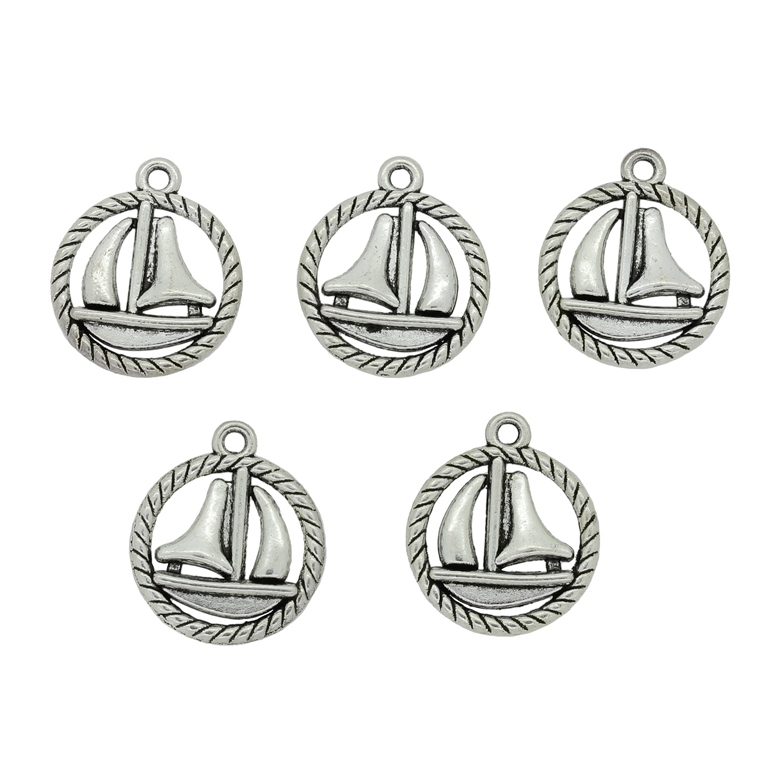 METAL BEADS - PENDANT - SAIL BOAT 03 IN CIRCLE - 16x18x3mm NICKEL - PACKAGE 60pcs. Hole-1.6mm