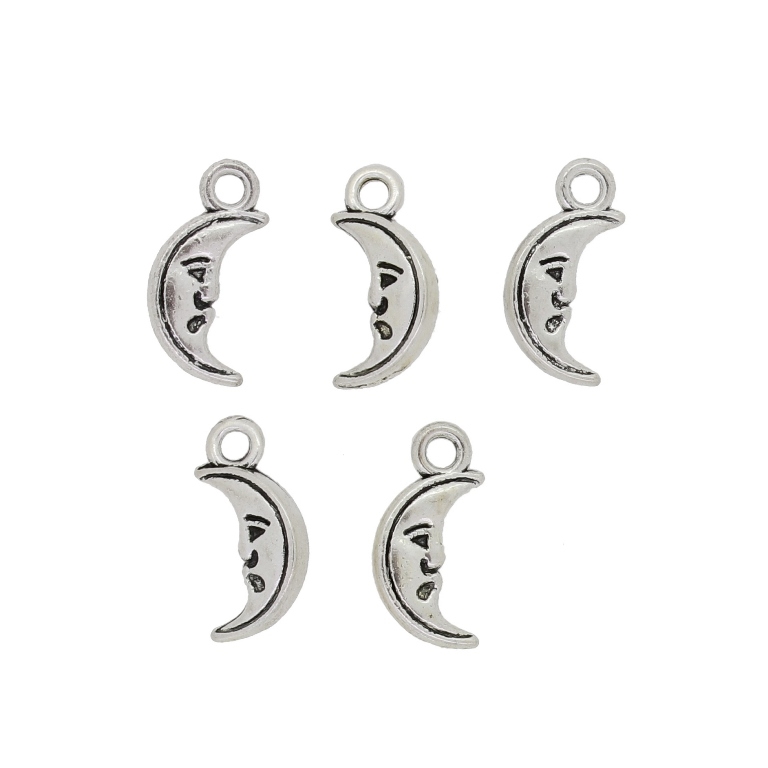 METAL BEADS - PENDANT - MOON 02 - 6x13x3mm NICKEL - 15pcs.  Hole-1.7mm