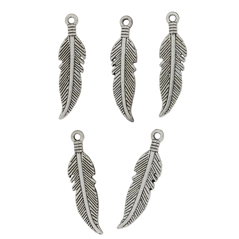 METAL BEADS - PENDANT - FEATHER 03 - 7x26x2mm NICKEL - PACKAGE 80pcs.  Hole-1.4mm