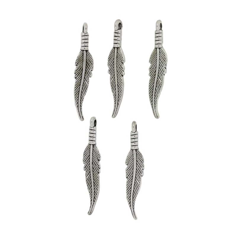 METAL BEADS - PENDANT - FEATHER 04 - 6x32x2mm NICKEL - 8pcs.  Hole-2.1mm