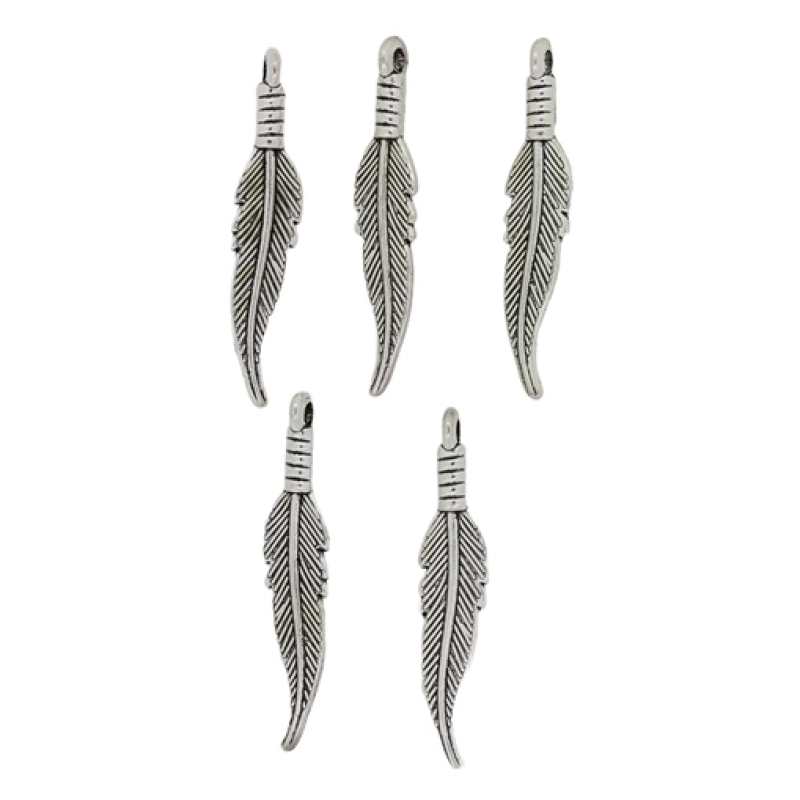 METAL BEADS - PENDANT - FEATHER 04 - 6x32x2mm NICKEL - PACKAGE 80pcs.  Hole-2.1mm