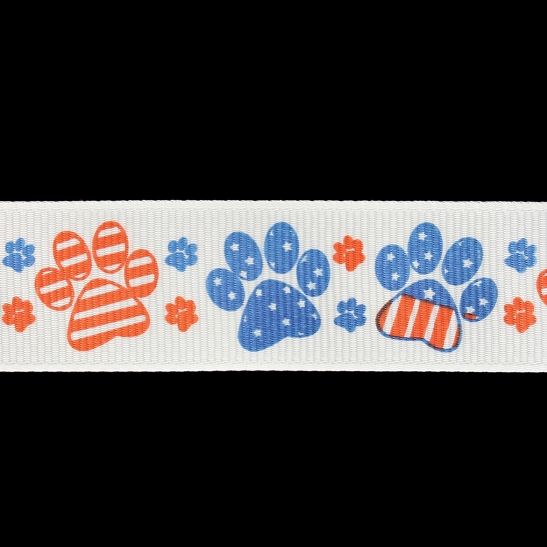 GROSGRAIN RIBBON - PRINT - PAWS 01 - 23mm WHITE AND RED-BLUE - 50yards(45m)