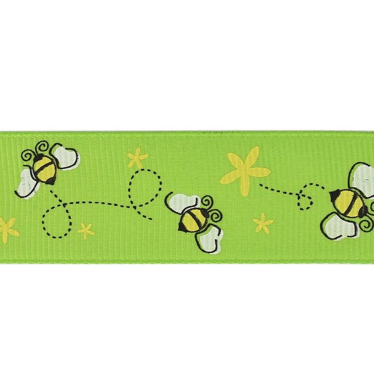 GROSGRAIN RIBBON - PRINT - BEES 01 - 25mm GREEN (LIGHT) AND WHITE-YELLOW - 50yards(45m)