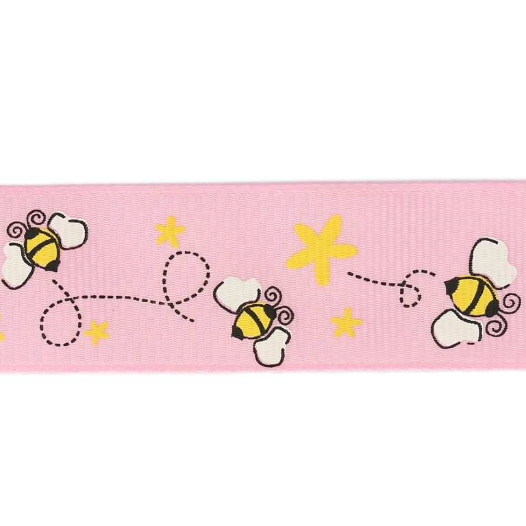 GROSGRAIN RIBBON - PRINT - BEES 01 - 25mm PINK AND WHITE-YELLOW - 50meters