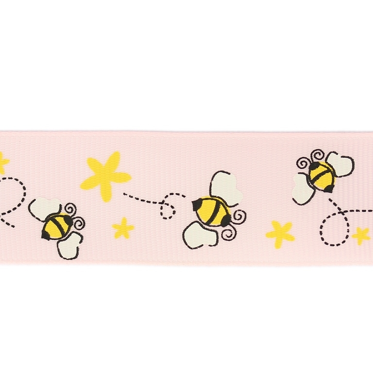 GROSGRAIN RIBBON - PRINT - BEES 01 - 25mm PINK (LIGHT) AND WHITE-YELLOW - 50meters