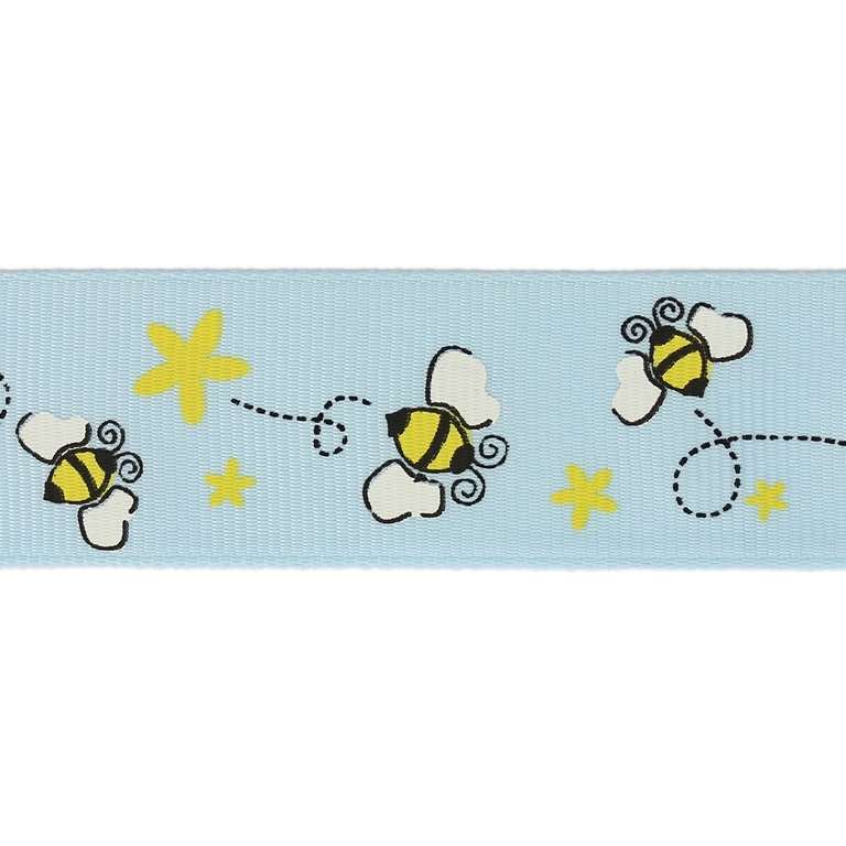 GROSGRAIN RIBBON - PRINT - BEES 01 - 25mm BLUE (LIGHT) AND WHITE-YELLOW - 50meters