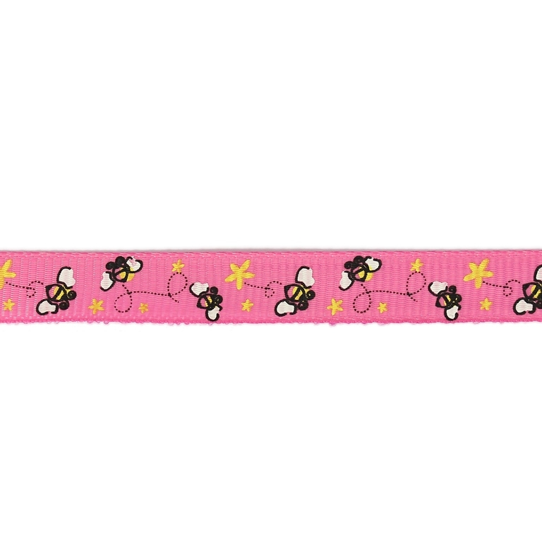 GROSGRAIN RIBBON - PRINT - BEES 02 - 10mm CYCLAMEN PINK AND WHITE-YELLOW - 100yards(91m)