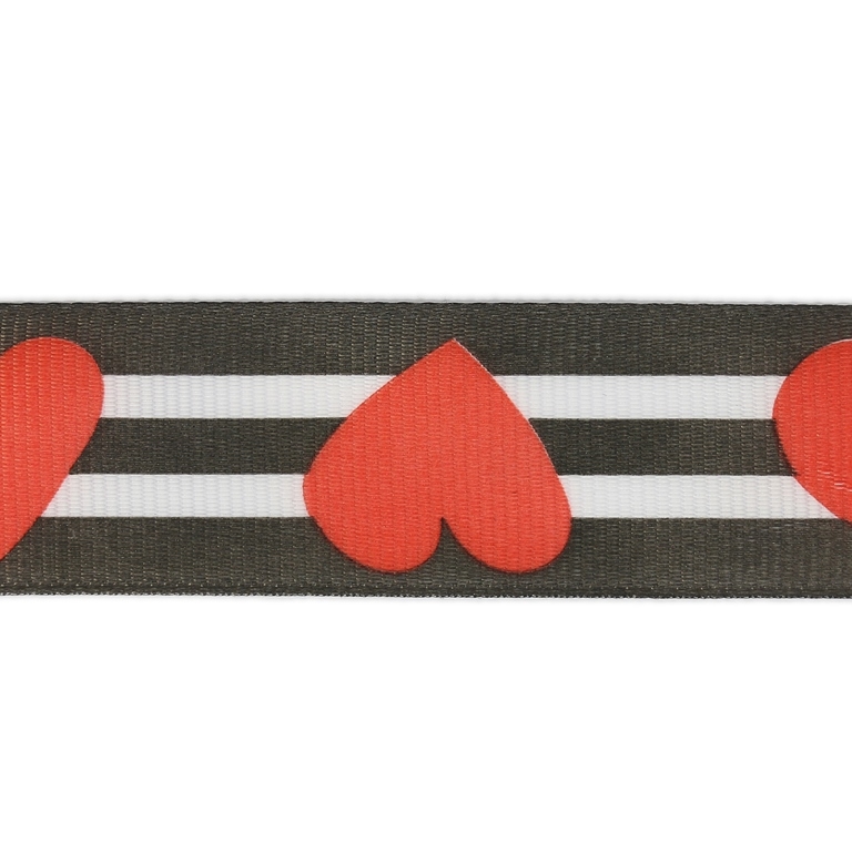 GROSGRAIN RIBBON - PRINT - HEARTS 04 - 25mm GRAY (DARK) AND WHITE-RED - 50yards(45m)