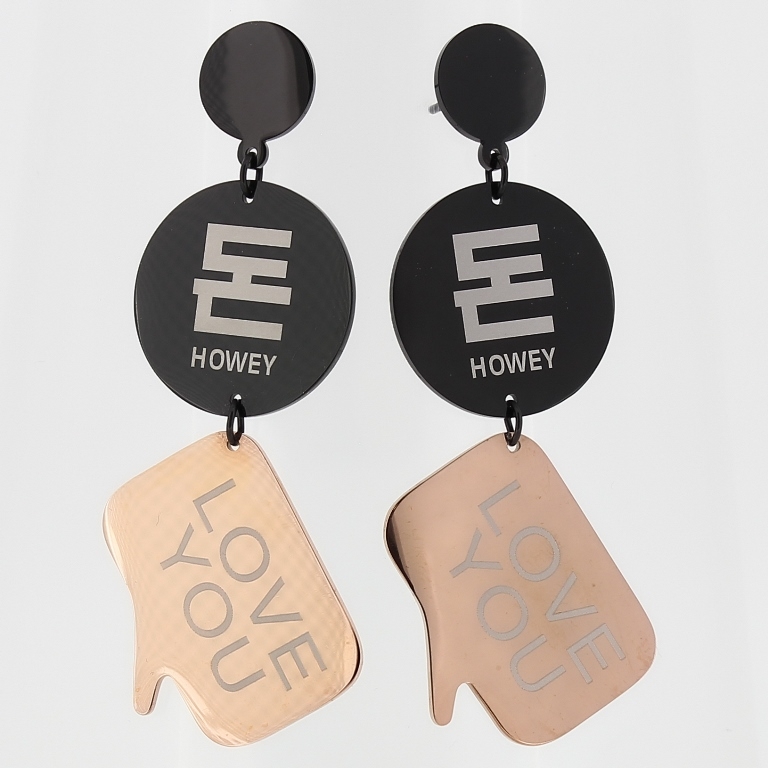 JEWELRY - EARRINGS - SCREW - STAINLESS STEEL - CIRCLES 05 HOWEY I LOVE YOU - 2.8x6cm ROSE GOLD AND BLACK - 1 pair