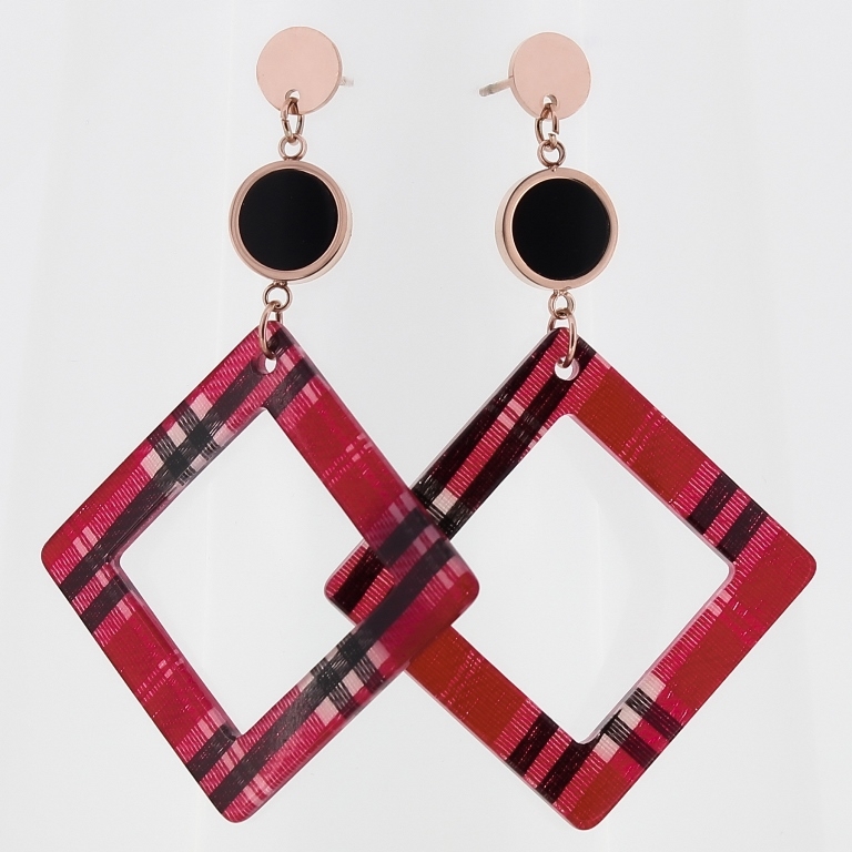 JEWELRY - EARRINGS - SCREW - STAINLESS STEEL AND RESIN - CIRCLE 01 AND SQUARE COUNTRY CHECK PATTERN - 4.2x6.5cm ROSE GOLD AND RED - 1 pair