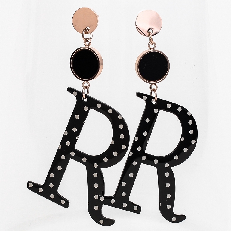 JEWELRY - EARRINGS - SCREW - STAINLESS STEEL AND RESIN - CIRCLE 01 WITH LETTER R - 3x6.5cm ROSE GOLD AND BLACK - PACKAGE 6 pairs