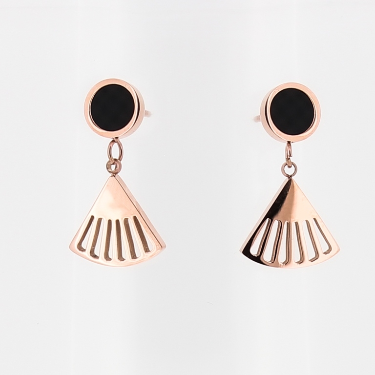 JEWELRY - EARRINGS - SCREW - STAINLESS STEEL AND RESIN - CIRCLE 01 WITH FAN - 1.4x2.2cm ROSE GOLD AND BLACK - 1 pair