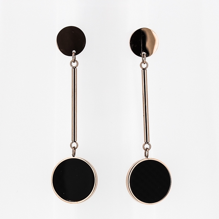 JEWELRY - EARRINGS - SCREW - STAINLESS STEEL AND RESIN - CIRCLES WITH ROD 02 - 1.5x5cm ROSE GOLD AND BLACK - PACKAGE 6 pairs