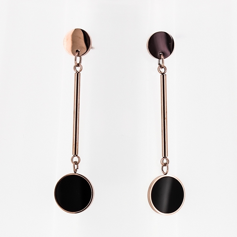 JEWELRY - EARRINGS - SCREW - STAINLESS STEEL AND RESIN - CIRCLES WITH ROD 02 - 1x4.5cm ROSE GOLD AND BLACK - PACKAGE 6 pairs