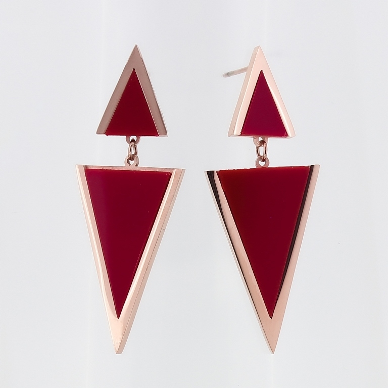 JEWELRY - EARRINGS - SCREW - STAINLESS STEEL AND RESIN - TRIANGLES 01 - 2x5cm ROSE GOLD AND RED - 1 pair