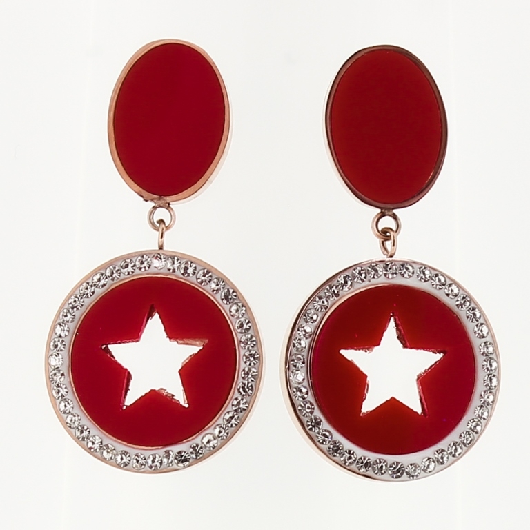 JEWELRY - EARRINGS - SCREW - STAINLESS STEEL AND RESIN WITH CRYSTALS - CIRCLE WITH STAR 01 - 1.8x3.5cm ROSE GOLD WITH RED AND WHITE - PACKAGE 6 pairs