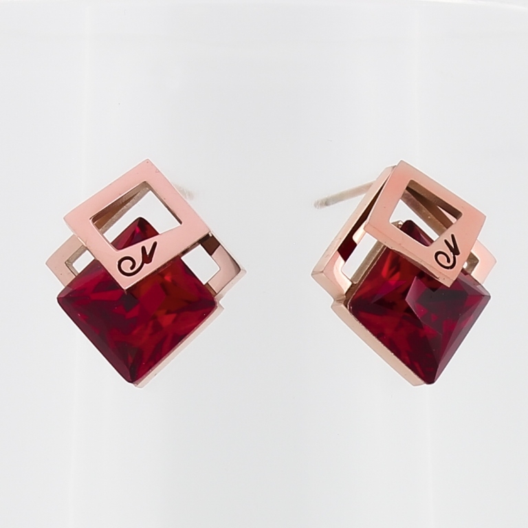 JEWELRY - EARRINGS - SCREW - STAINLESS STEEL AND GLASS - SQUARES 01 - 1.8x2cm ROSE GOLD AND RED - 1 pair