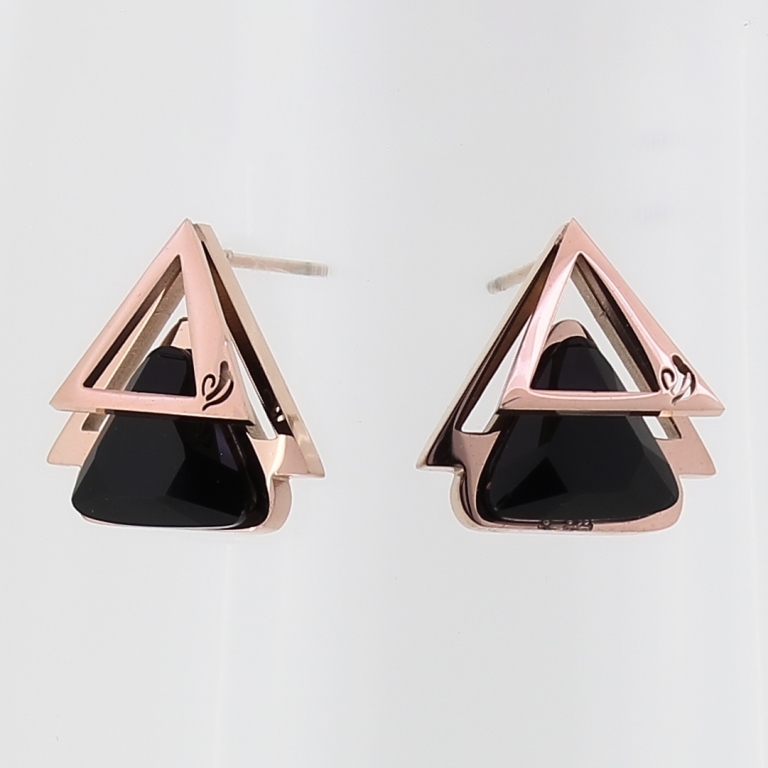 JEWELRY - EARRINGS - SCREW - STAINLESS STEEL AND GLASS - TRIANGLES 02 - 1.8x1.8cm ROSE GOLD AND BLACK - 1 pair