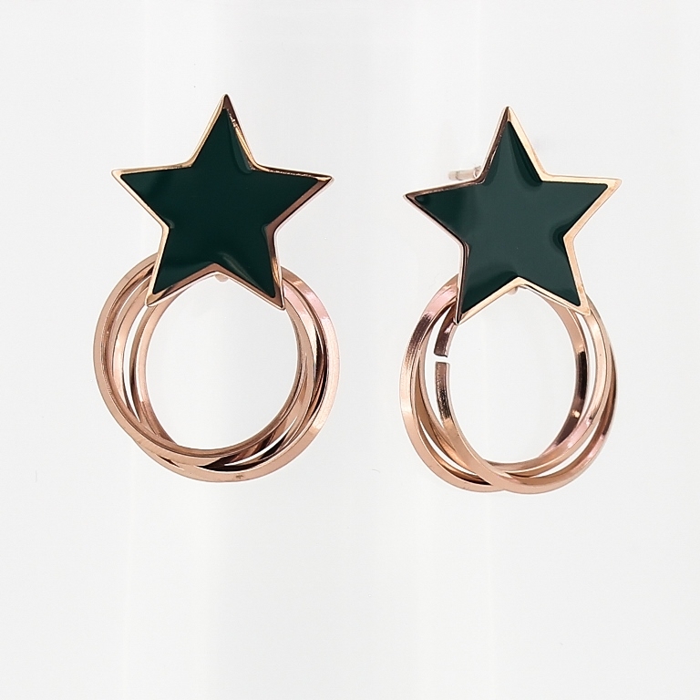 JEWELRY - EARRINGS - SCREW - STAINLESS STEEL WITH ENAMEL - STAR CIRCLES - 2x3cm ROSE GOLD AND GREEN - 1 pair