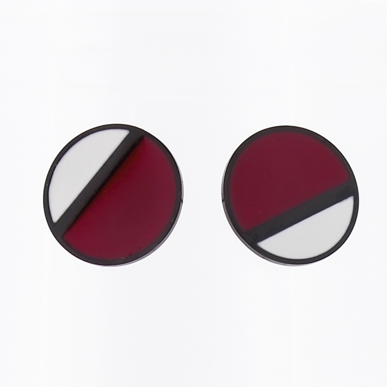 JEWELRY - EARRINGS - SCREW - STAINLESS STEEL WITH ENAMEL - CIRCLE 02 - 1.6cm BLACK WITH WHITE AND RED - PACKAGE 6 pairs