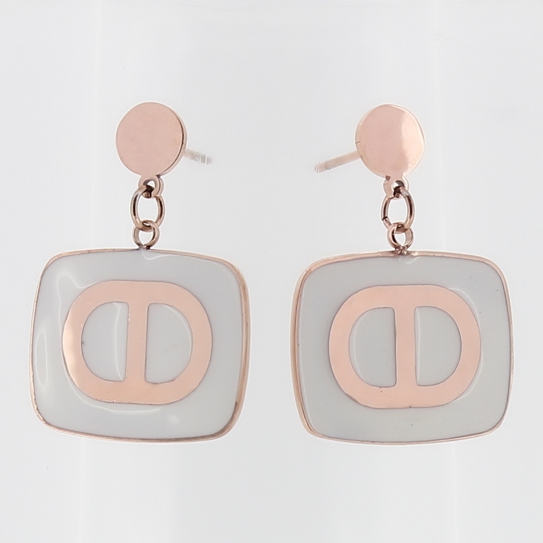 JEWELRY - EARRINGS - SCREW - STAINLESS STEEL WITH ENAMEL - PLATE Ф - 2x2.5cm ROSE GOLD AND ECRU - 1 pair