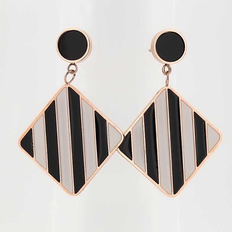 JEWELRY - EARRINGS - SCREW - STAINLESS STEEL WITH ENAMEL AND RUBBER - CIRCLE 01 AND SQUARE - 2.6x3.8cm ROSE GOLD WITH BLACK AND WHITE - 1 pair