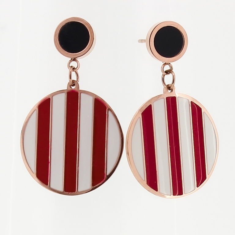 JEWELRY - EARRINGS - SCREW - STAINLESS STEEL WITH ENAMEL AND RUBBER - CIRCLES 04 - 2x3.5cm ROSE GOLD WITH WHITE AND RED STRIPES - PACKAGE 6 pairs