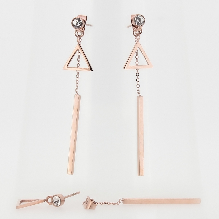 JEWELRY - EARRINGS - SCREW - STAINLESS STEEL WITH CRYSTAL - TRIANGLE 01 - 1.2x2cm ROSE GOLD AND WHITE - 1 pair