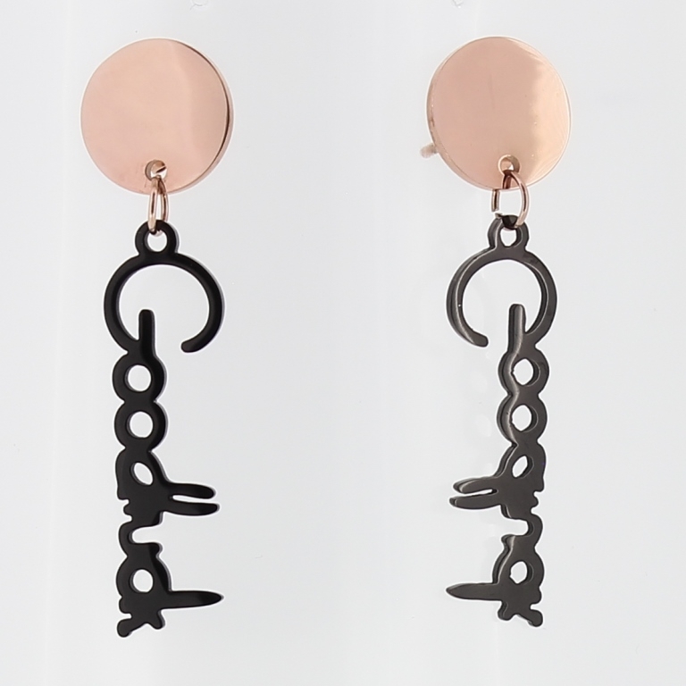 JEWELRY - EARRINGS - SCREW - STAINLESS STEEL - CIRCLE WITH GOODLUCK - 1x4cm ROSE GOLD AND BLACK - 1 pair