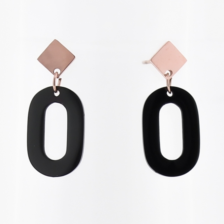 JEWELRY - EARRINGS - SCREW - STAINLESS STEEL - OVAL 01 - 1x2.2cm ROSE GOLD AND BLACK - PACKAGE 6 pairs