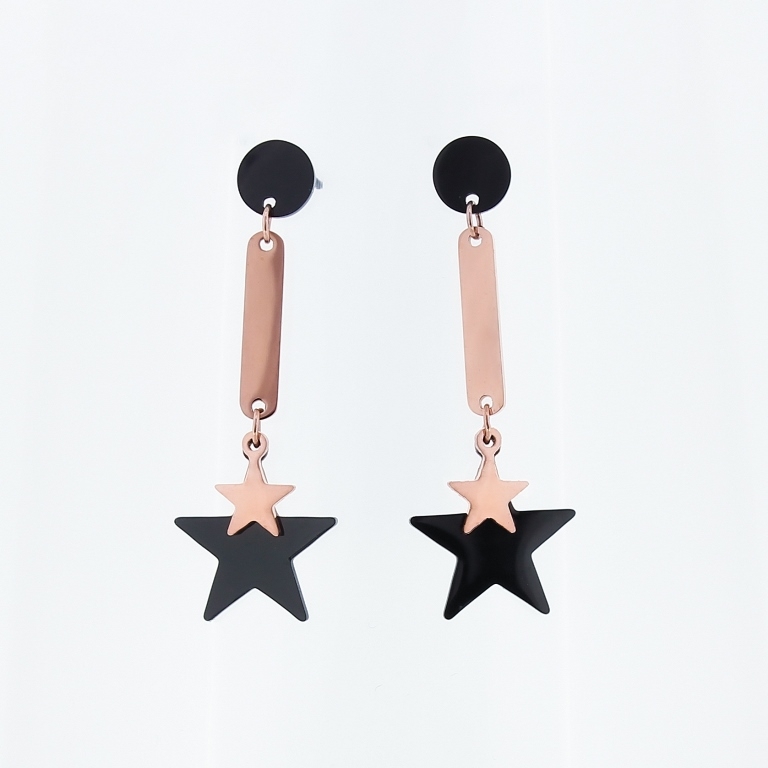 JEWELRY - EARRINGS - SCREW - STAINLESS STEEL - TILE AND STARS - 1.6x4cm ROSE GOLD AND BLACK - 1 pair