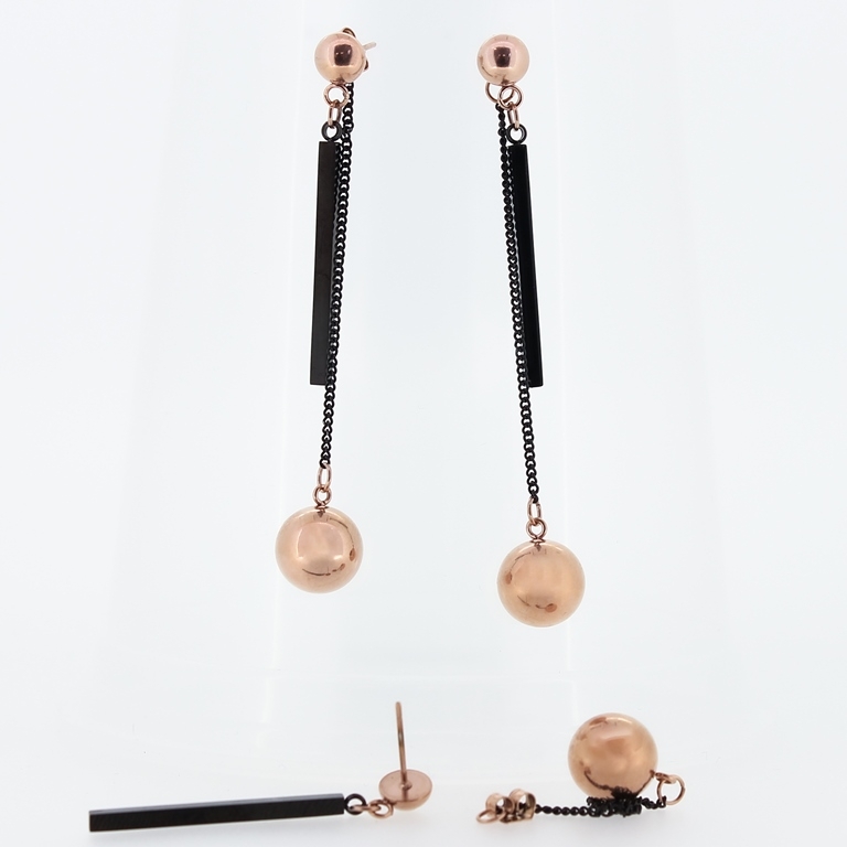 JEWELRY - EARRINGS - SCREW - STAINLESS STEEL - ROD 01 WITH BALLS AND CHAIN - 1x6.5cm ROSE GOLD AND BLACK - PACKAGE 6 pairs