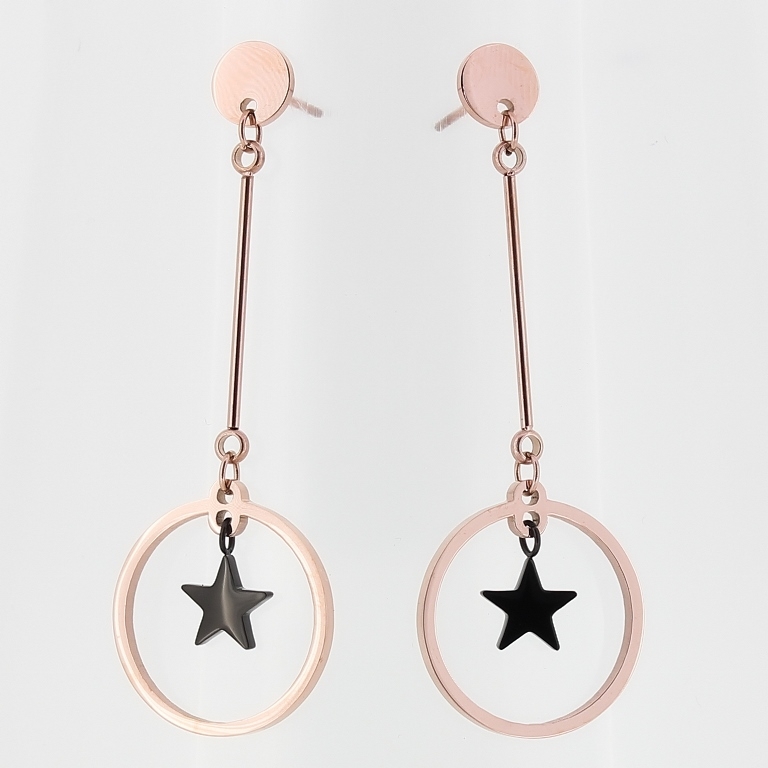 JEWELRY - EARRINGS - SCREW - STAINLESS STEEL - ROD 02 WITH CIRCLE AND STAR - 2x5.5cm ROSE GOLD AND BLACK - 1 pair