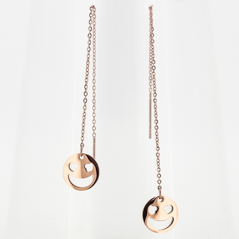 JEWELRY - EARRINGS - SCREW - STAINLESS STEEL - CHAIN 01 WITH SMILEY FACE - 1.2x10cm ROSE GOLD - 1 pair