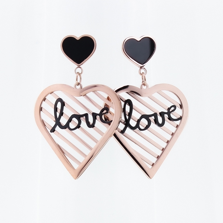 JEWELRY - EARRINGS - SCREW - STAINLESS STEEL - HEARTS 01 LOVE - 2.5x4cm ROSE GOLD AND BLACK - PACKAGE 6 pairs