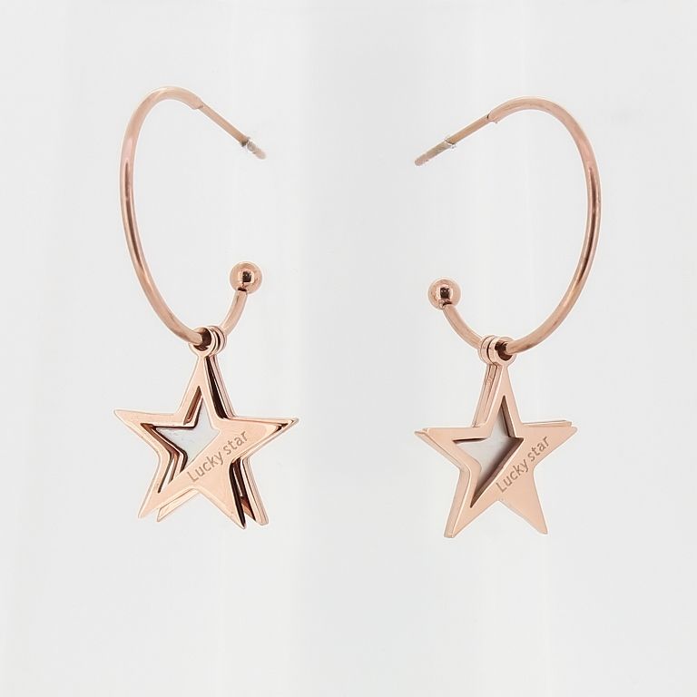 БИЖУТЕРИЯ - ОБЕЦИ - ВИНТ - СТОМАНА И СЕДЕФ - ХАЛКА 01 С ВИСУЛКА ЗВЕЗДА LUCKY STAR - 1.6х4см ЗЛАТИСТО РОЗОВО И БЯЛО - 1 чифт