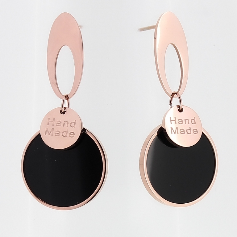 JEWELRY - EARRINGS - SCREW - STAINLESS STEEL WITH ENAMEL - CIRCLE 01 AND OVAL HAND MADE - 1.8x4cm ROSE GOLD AND BLACK - 1 pair