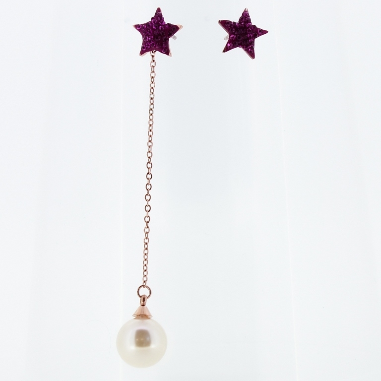 JEWELRY - EARRINGS - SCREW - STAINLESS STEEL WITH CRYSTALS - STAR 03 WITH PEARL - 1x7cm ROSE GOLD AND CYCLAMEN - PACKAGE 6 pairs