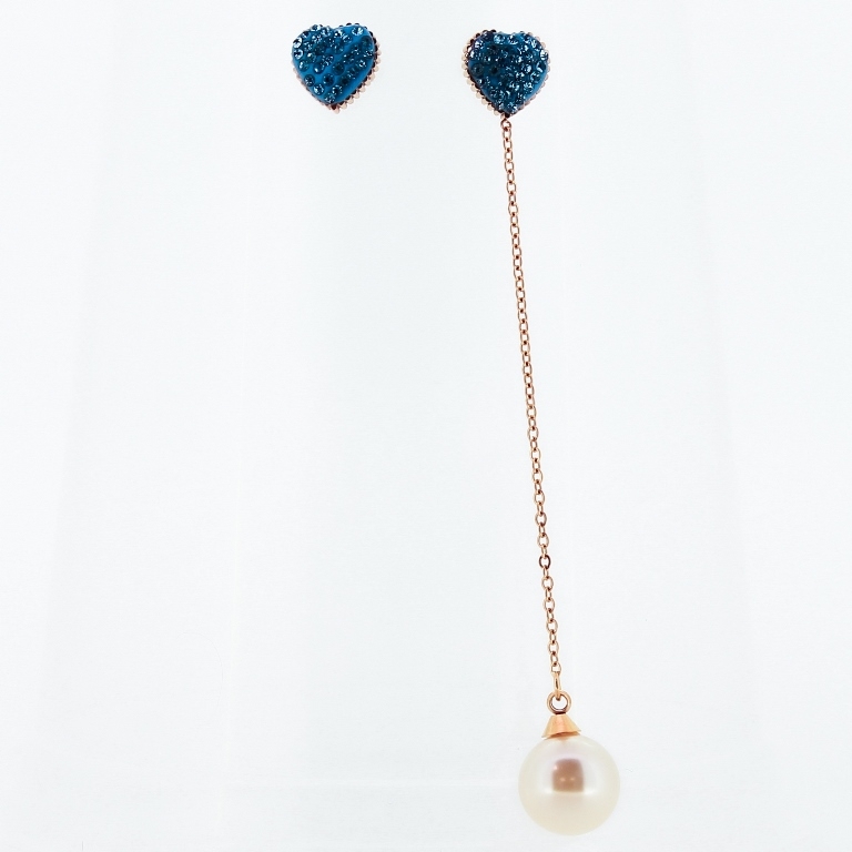 JEWELRY - EARRINGS - SCREW - STAINLESS STEEL WITH CRYSTALS - HEART 03 WITH PEARL - 1x7.8cm ROSE GOLD AND BLUE (LIGHT) - PACKAGE 6 pairs