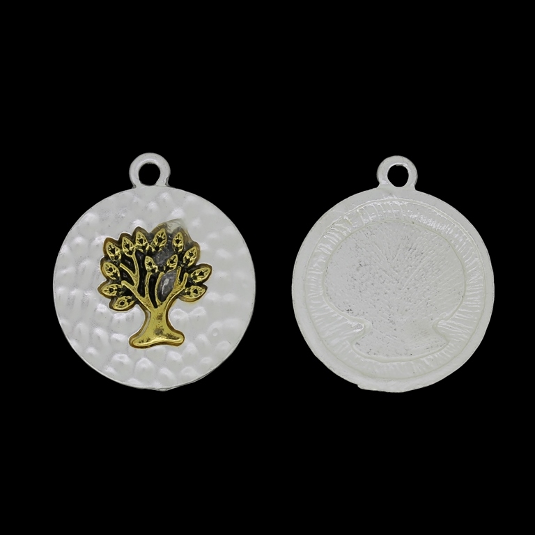 METAL BEADS - PENDANT - CIRCLE WITH THE TREE OF LIFE 01 - 25x30x3mm PEARL AND GOLD - PACKAGE 10pcs. Hole-2.6mm