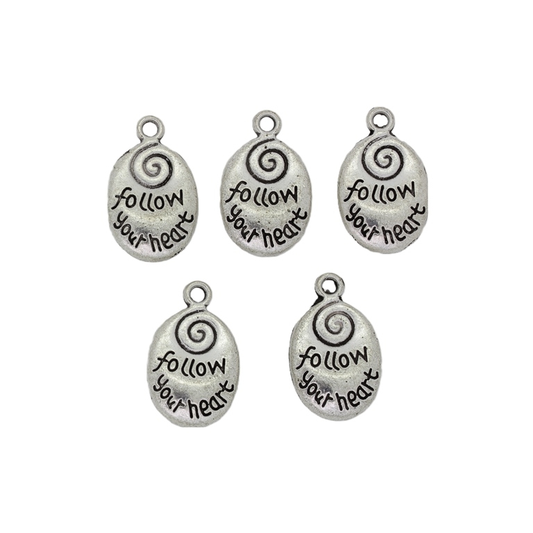 METAL BEADS - PENDANT - OVAL FOLLOW YOUR HEART - 13x20x4mm NICKEL - PACKAGE 30pcs. Hole-2.0mm