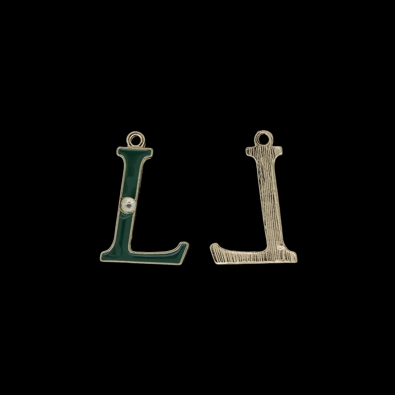 METAL BEADS WITH ENAMEL AND CRYSTALS - PENDANT - LETTER L - 17х25х2mm GOLD AND GREEN - PACKAGE 40pcs. Hole-1.8mm