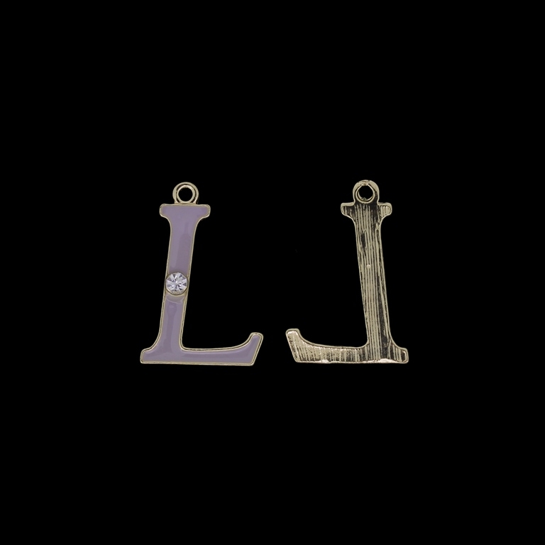 METAL BEADS WITH ENAMEL AND CRYSTALS - PENDANT - LETTER L - 17х25х2mm GOLD AND PURPLE (LIGHT) - 4pcs. Hole-1.8mm