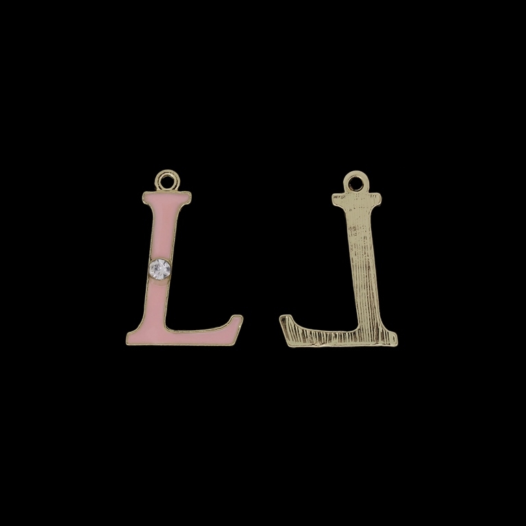 METAL BEADS WITH ENAMEL AND CRYSTALS - PENDANT - LETTER L - 17х25х2mm GOLD AND PINK (LIGHT) - PACKAGE 40pcs. Hole-1.8mm