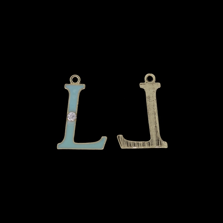 METAL BEADS WITH ENAMEL AND CRYSTALS - PENDANT - LETTER L - 17х25х2mm GOLD AND TURQUOISE (LIGHT) - 4pcs. Hole-1.8mm