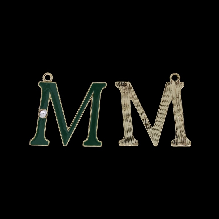 METAL BEADS WITH ENAMEL AND CRYSTALS - PENDANT - LETTER M - 24х25х2mm GOLD AND GREEN - PACKAGE 40pcs. Hole-1.8mm